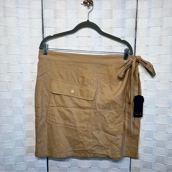 Rachel Rachel Roy Linen Blend Faux Wrap Skirt Size XL Cargo Pocket Tan Beach - Picture 3 of 10